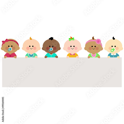 Group of babies and blank banner. Vector illustration