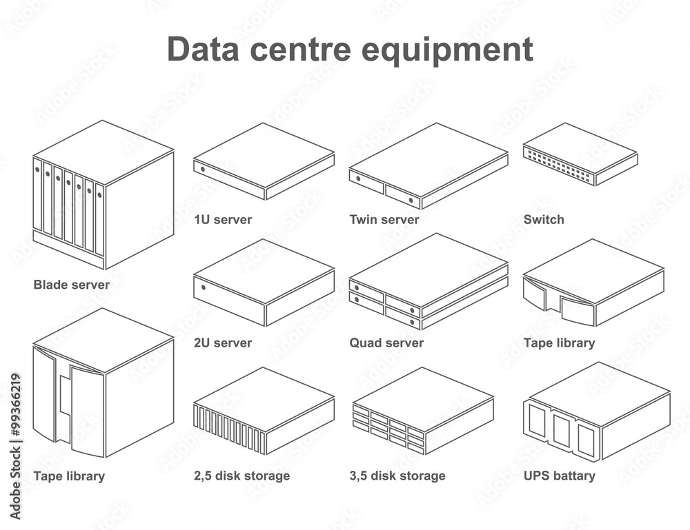 Server room equipment vector set. Data center icon collection Server room equipment vector set. Data center icon collection