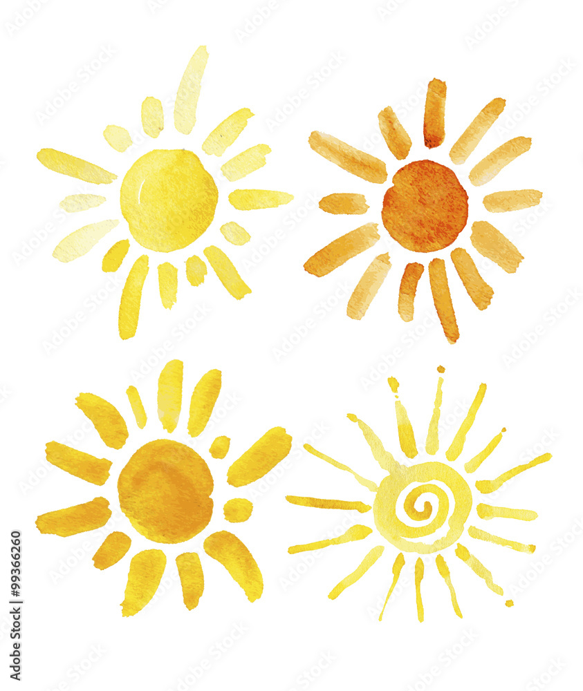 Hand drawn set of different suns isolated. Vector illustration. Elements for design. Watercolor Hand drawn set of different suns isolated. Vector illustration. Elements for design. Watercolor