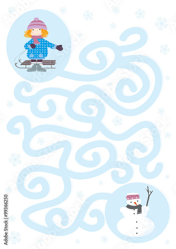 Easy winter maze game with a child and a snowman on white background with snowflakes