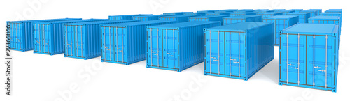 Shipping. Landscape wide view of 35 blue Cargo Containers. 