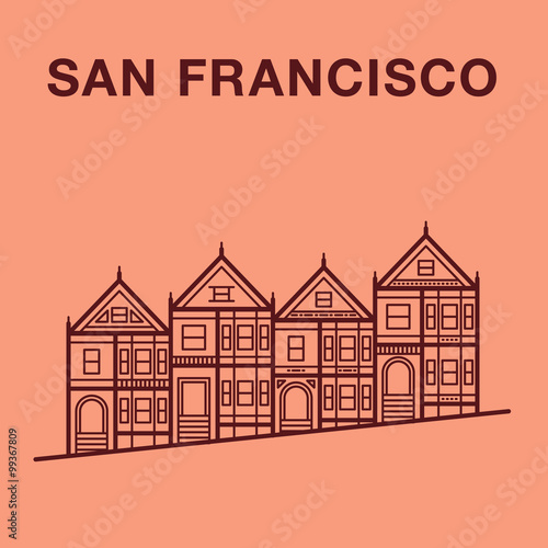 San Francisco street illustration with victorian houses made in line art style