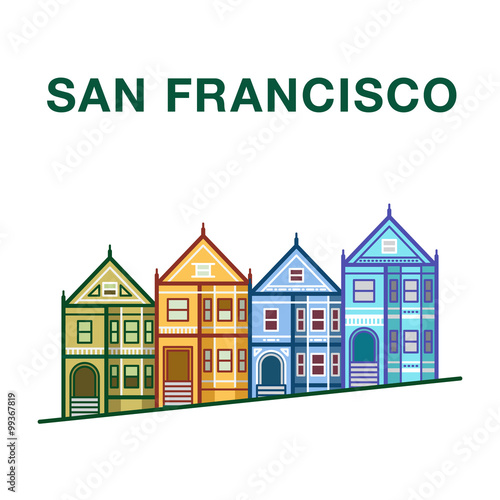Colorful San Francisco street illustration with victorian houses made in line art style
