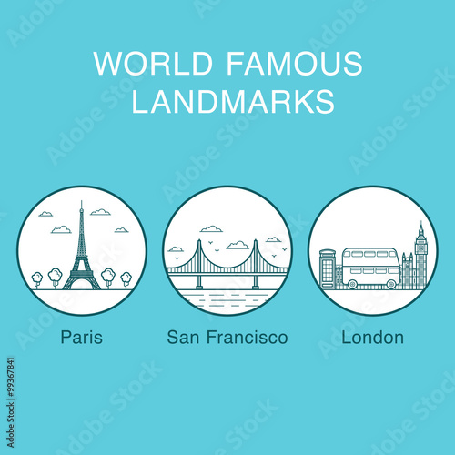 World famous landmarks icons set with eiffel tower, big ben and golden gate bridge vector illustration
