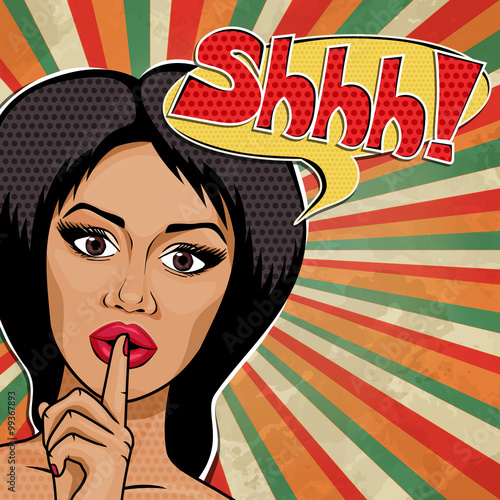 Vector Pop Art African American Woman with finger on lips for Quiet Silence, message Shhhhh! Retro afro girl in comic style.