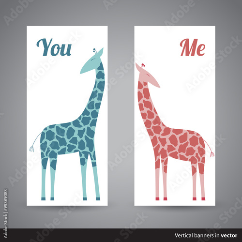 Two vertical Valentine cards showing two giraffes, back and front side