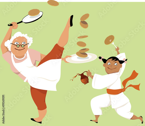 Grandmother and little girl in a kung fu stance eating pancakes, EPS 8 vector illustration