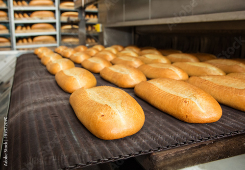 Hot baked breads on a line