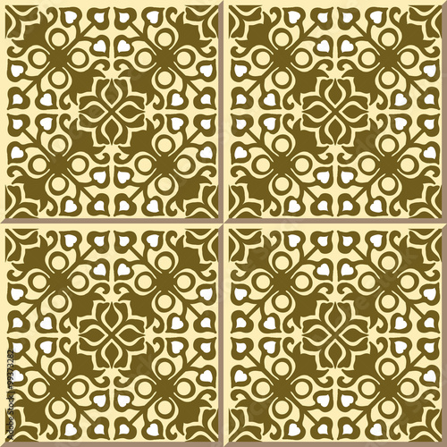 Vintage seamless wall tiles of round yellow kaleidoscope. Moroccan, Portuguese. 