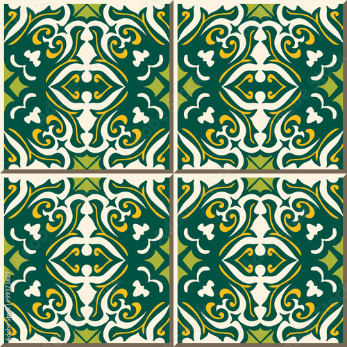 Vintage seamless wall tiles of green leaf spiral. Moroccan, Portuguese. 