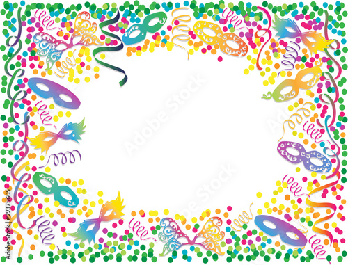 Carnival masks and confetti and serpentine colorful frame