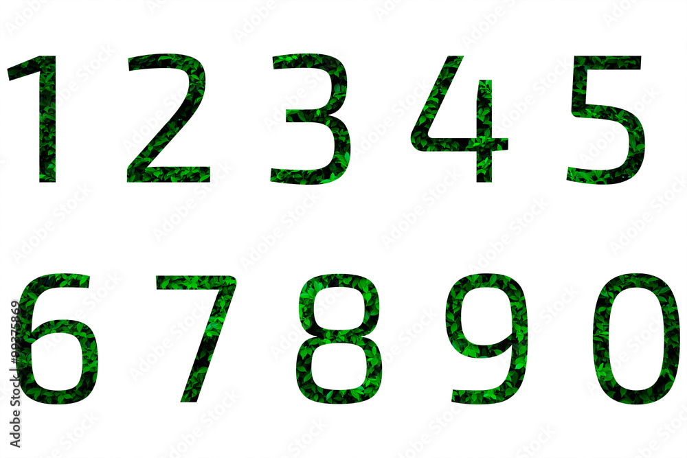 Set of green leaves background design number 1 to 0 Set of green leaves background design number 1 to 0