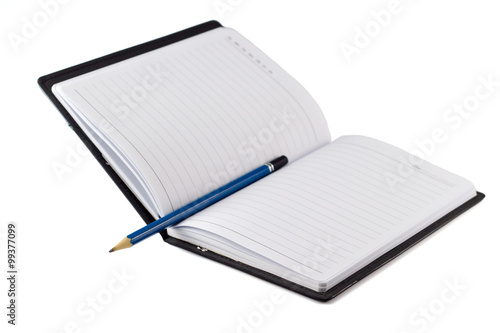Blue pencil on black leather moleskin notebook