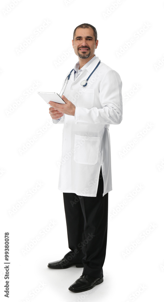 Portrait of a doctor with tablet in hands isolated on white background Portrait of a doctor with tablet in hands isolated on white background