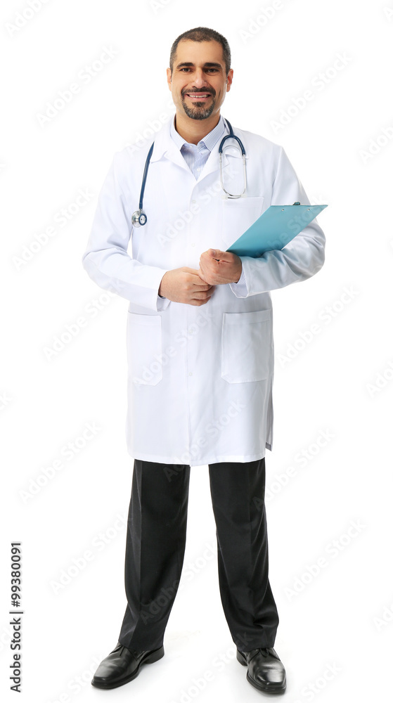 Portrait of a doctor with prescription board in hands isolated on white background Portrait of a doctor with prescription board in hands isolated on white background