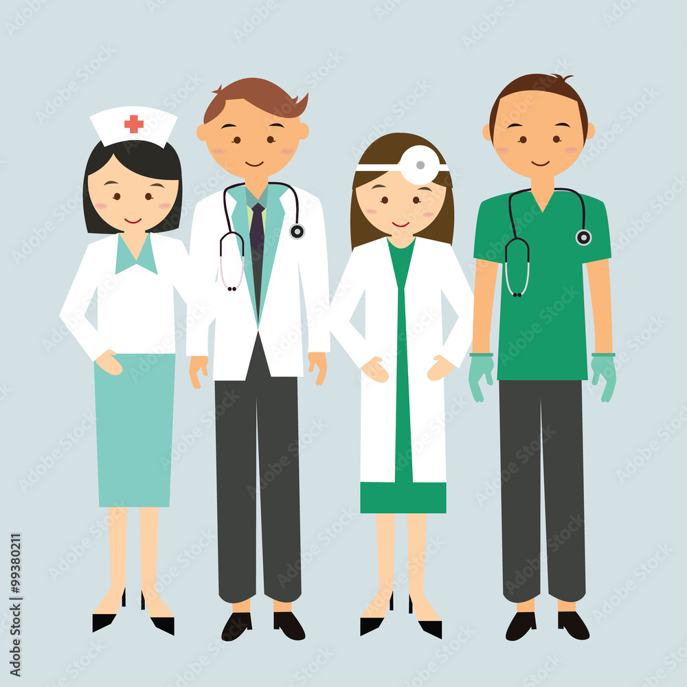 medical team doctor nurse group worker standing together man woman mae female cartoon character vector illustration