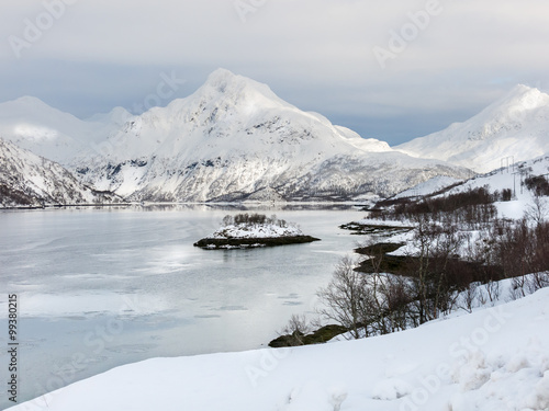 Panorama winter landscape of Vestfjorden near Lodingen along E10 Lofast route to Lofoten Islands, northern Norway photo