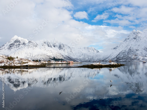 Panorama winter landscape of Austnesfjorden near Sildpollen on Austvagoy, Lofoten, Norway