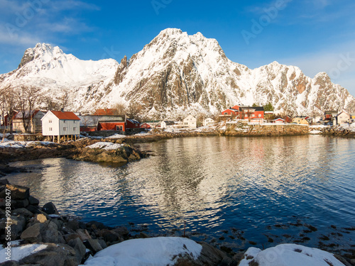 Rorbu cabins and houses in Svolvaer, Lofoten Islands, Norway photo