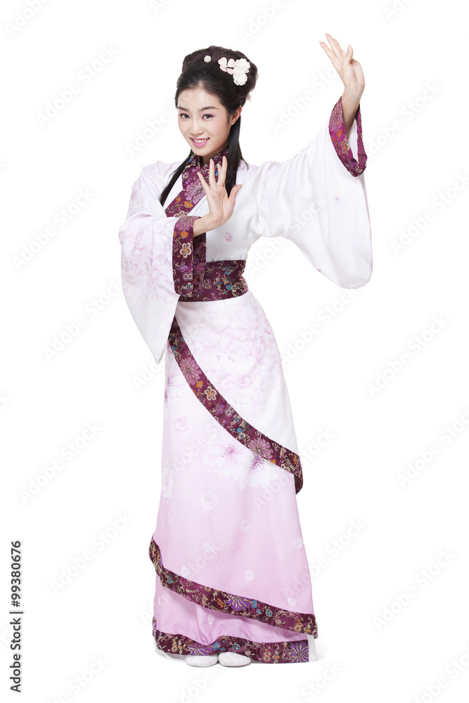 Happy young woman dancing in traditional Chinese costume