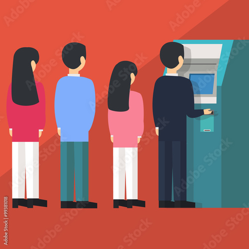 people waiting in line queue to draw money from self-service ATM Automated Teller Machine cartoon vector illustration