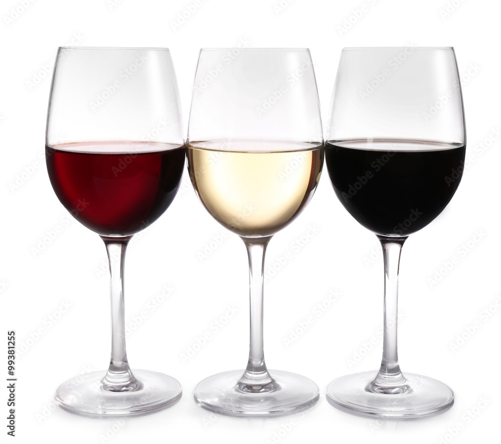 Different kinds of wine in gasses on light background