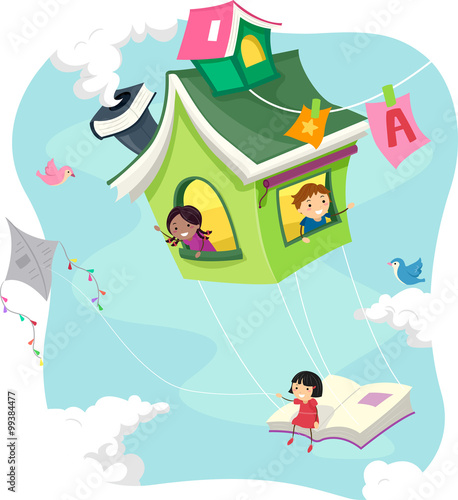 Stickman Kids Riding Flying Book House
