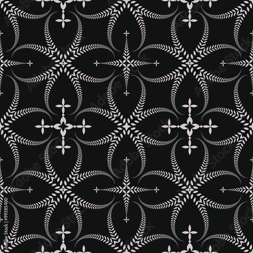 Seamless laurel wreath pattern. Lace view texture with cross. Ceremonial, religious background. Gray, black colored. Vector 