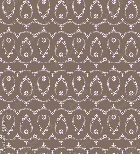 Seamless laurel wreath pattern of cross ornament. Lace view texture. Ceremonial, religious background. Gray colored. Vector