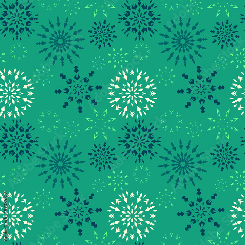 Christmas seamless pattern. Blue and white snowflakes on dark turquoise background. Winter theme retro texture. Vector illustration.