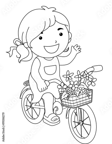 Line Art Kid Girl Flower Bi...