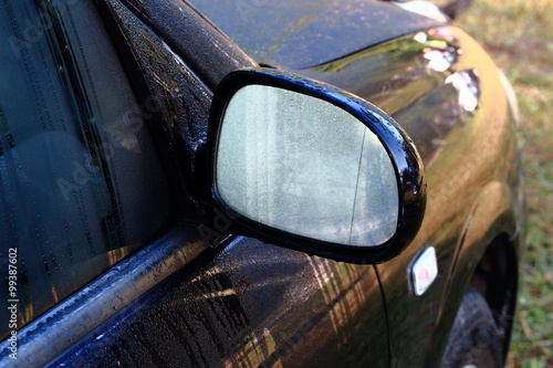 Morning Dew On The Wing Mirror of Black Car, Selected Focus On Wing Mirror