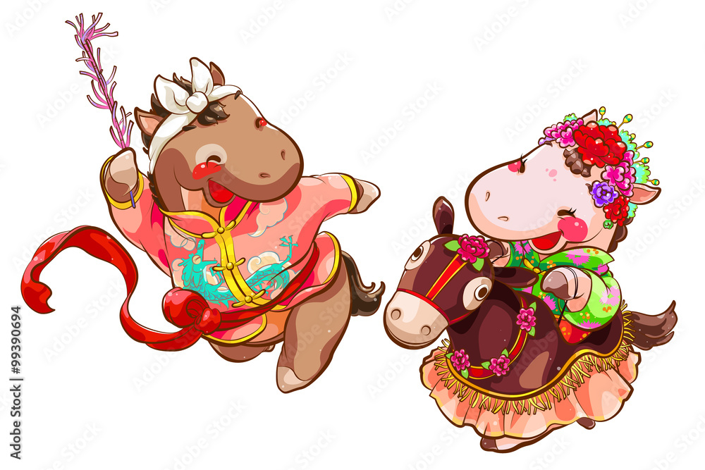Fototapeta premium Cute horses dancing for Chinese New Year