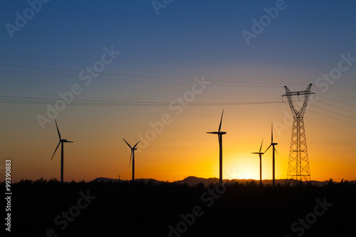 Electricity pylon and windmills in Inner Mongolia province, China © Blue Jean Images