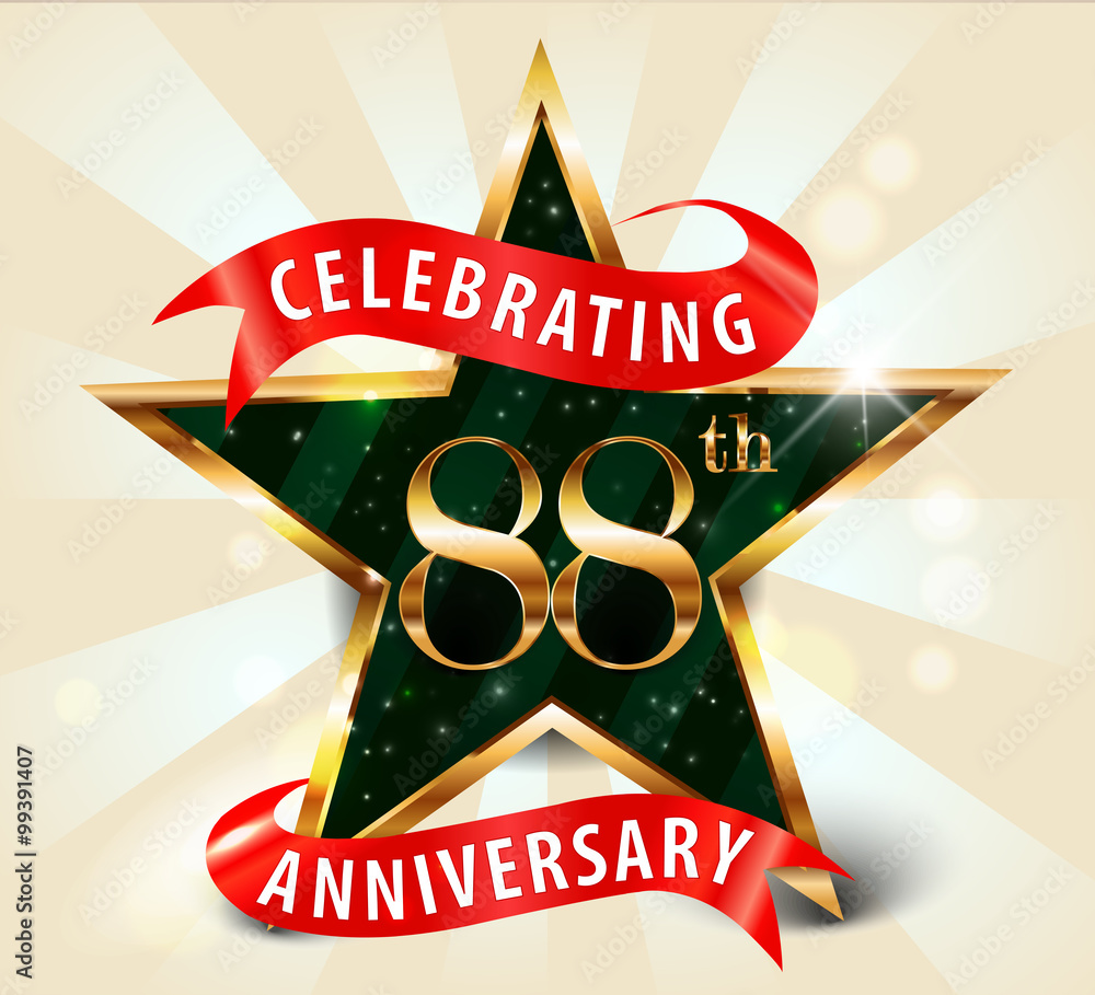 88 year anniversary celebration golden star ribbon, celebrating 88th ...
