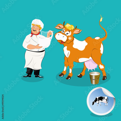 Cow,smiling milkman,sticker dairy product,vector icon.
