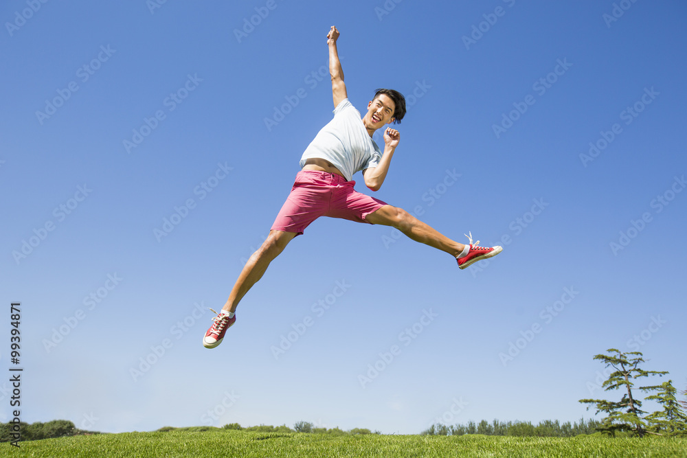 Cheerful young man jumping on grass Cheerful young man jumping on grass