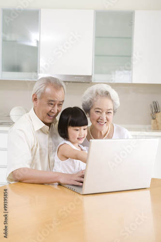 Little girl using a laptop with her grandparents