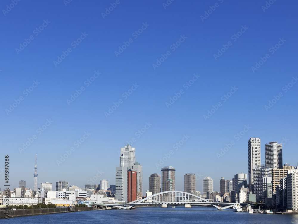 間もなく完成予定の築地大橋　高層ビルと東京スカイツリー　　環状2号線整備事業