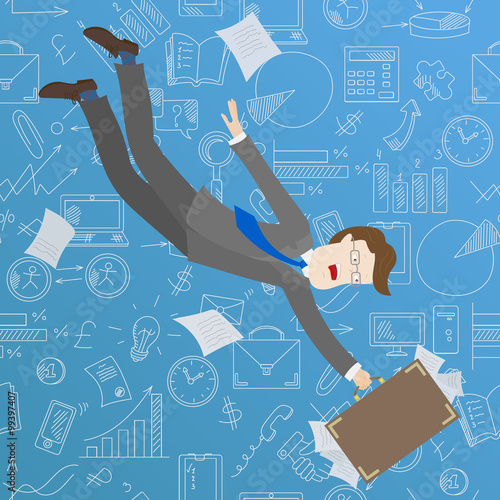 Businessman with a suitcase full of papers on the sky background with graphs and icons fall to the bottom , the concept of difficulty in business 