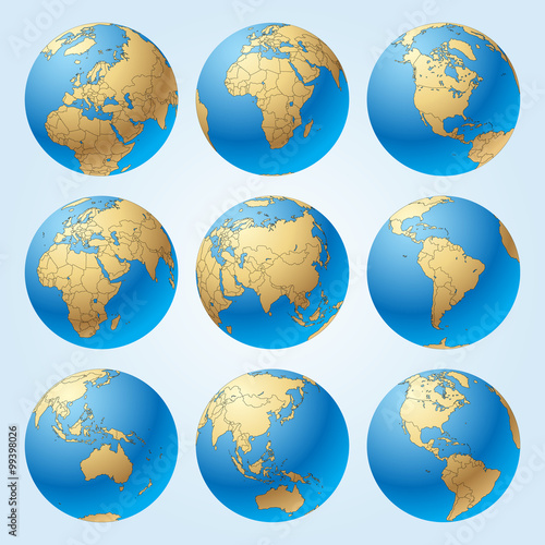 Globe set with with borders of world countries. Easy to select every country and delete contour of borders.