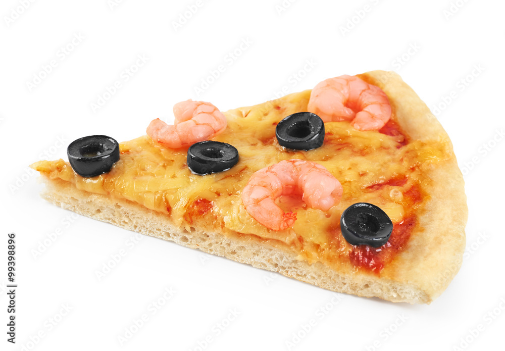 Piece of pizza with shrimp and olives on a white background. Piece of pizza with shrimp and olives on a white background.
