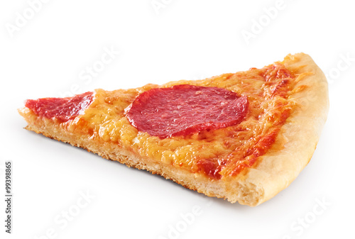 Piece of pizza with sausage on a white background. Pepperoni.