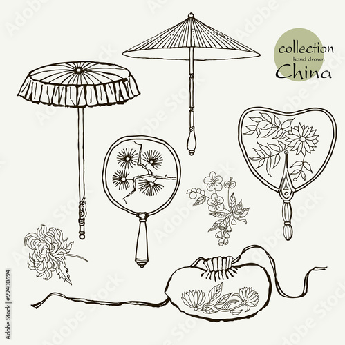 Collection womens old fans and umbrellas. Vector illustration sketch on paper background