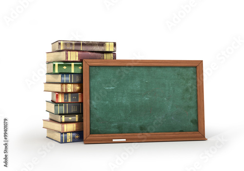Stack of colorful books near a school blackboard on a white background.