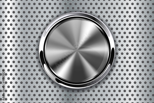 Metal round button on metal perforated background.