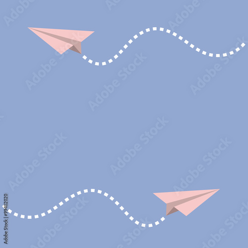 Two origami paper plane. Dash line in the sky. Frame. Love card. Flat design. Serenity, pink rose quartz color.
