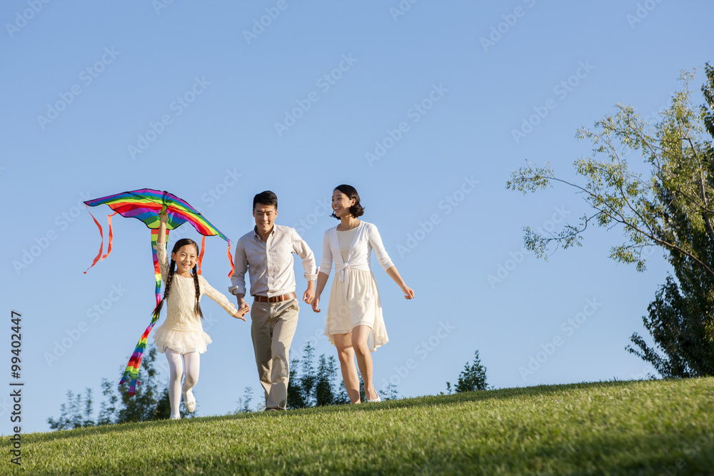 Cheerful young family flying a kite in a park Cheerful young family flying a kite in a park