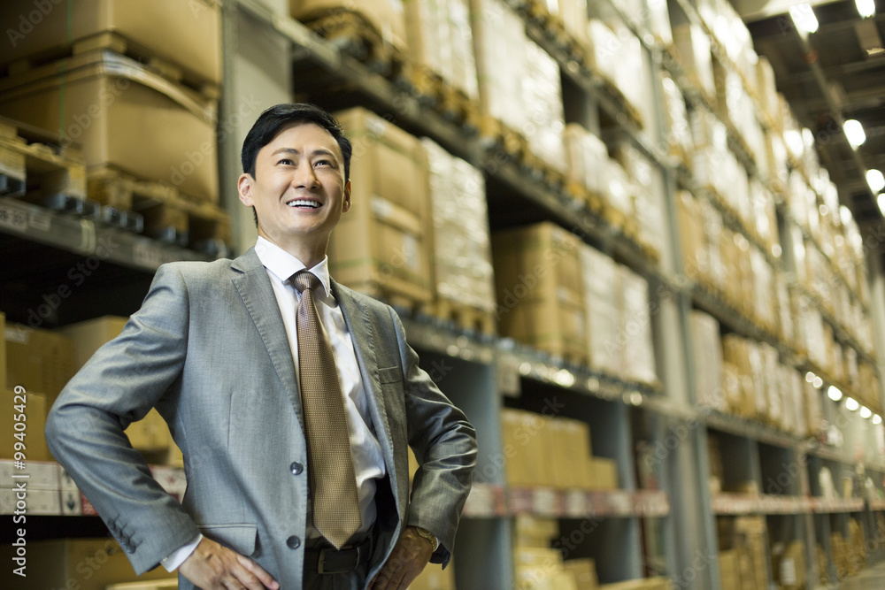 Naklejka premium Confident businessman in warehouse