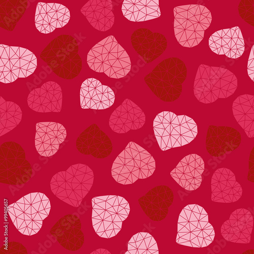 Valentine's Day background. Low-poly polygonal. Seamless pattern with geometric orange hearts. Holiday template. Abstract texture made of triangles. For wallpaper, web page, surface textures.